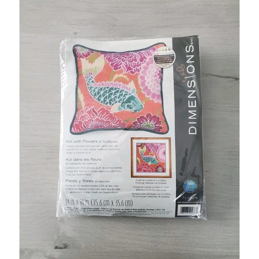 Dimensions 71-20076 Koi with Flowers Needlepoint Pillow Kit 14x14 Suzanne Nicoll